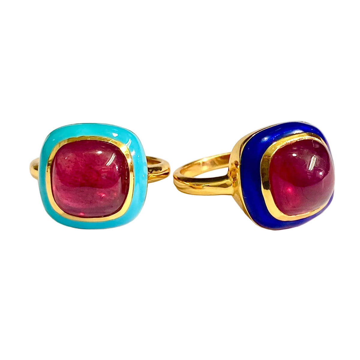 Sterling Silver Gold Plated Teal Enamel and Ruby Ring