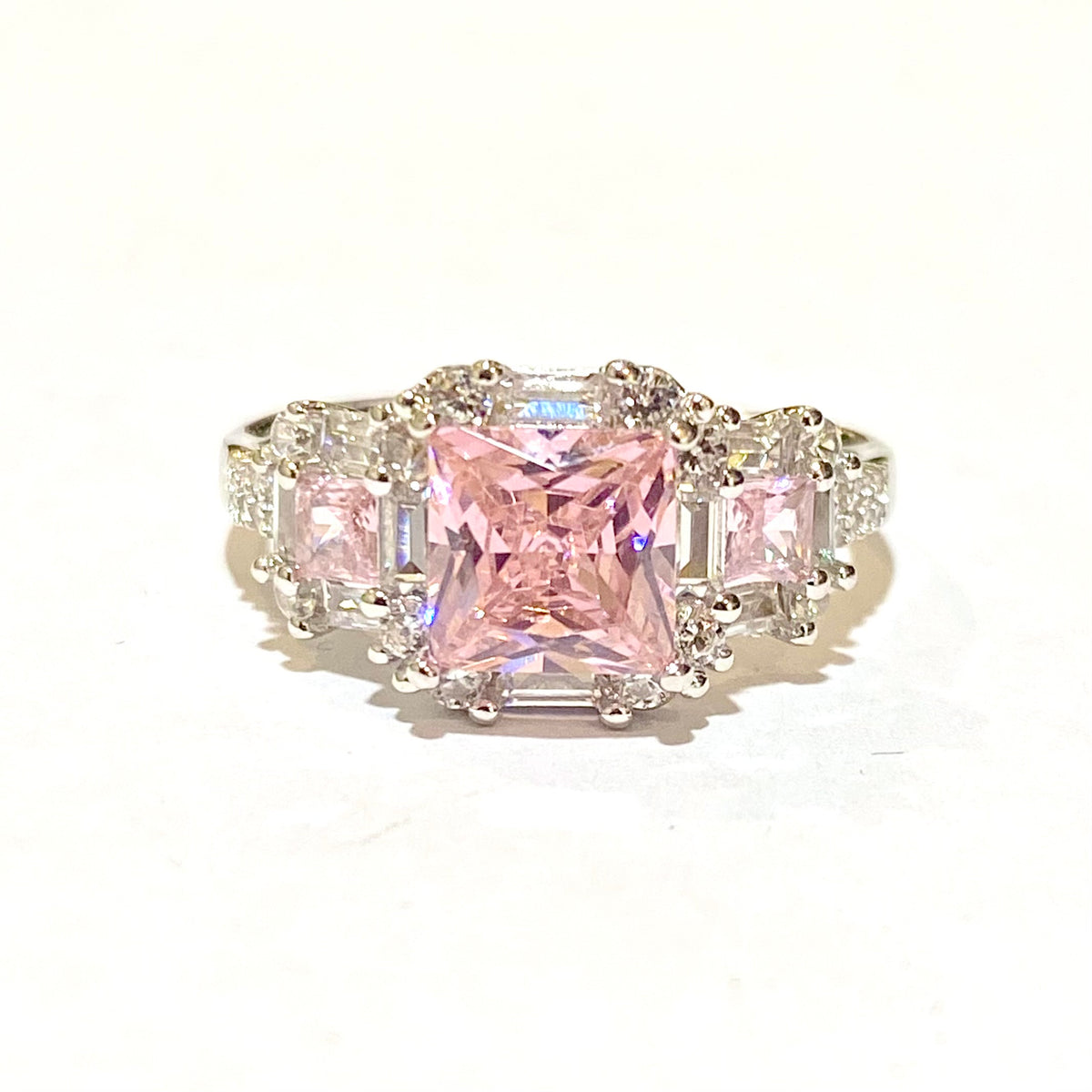 Sterling Silver Pink CZ Princess Ring