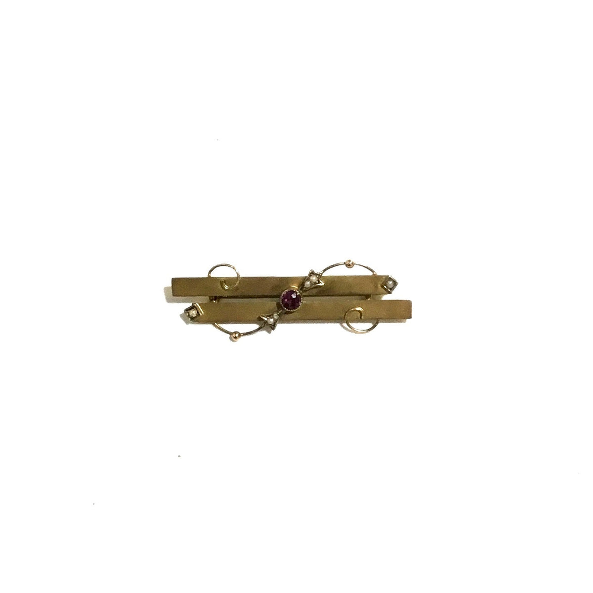 Antique 9ct Yellow Gold Ruby and Seed Pearl Bar Brooch