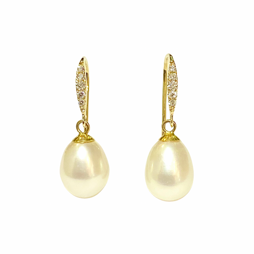 9ct Yellow Gold Diamond and South Sea Pearl Drop Earrings
