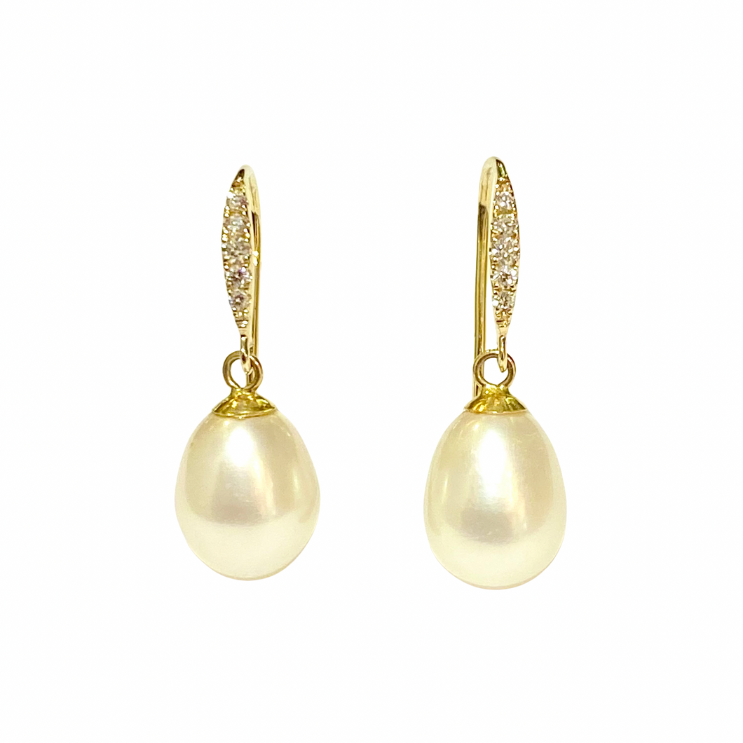 9ct Yellow Gold Diamond and South Sea Pearl Drop Earrings