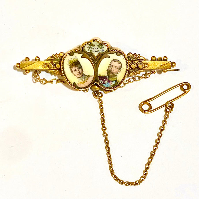 Antique 9ct Yellow Gold Miniature Enamel Portrait Brooch