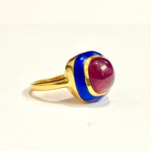 Sterling Silver Gold Plated Navy Enamel and Ruby Ring
