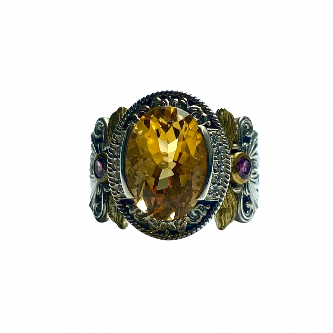 Citrine, Amethyst Ring with CZ in Sterling Silver