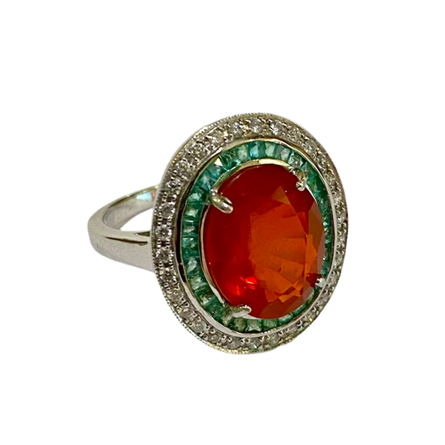 9ct White Gold Mexican Fire Opal, Emerald and Diamond Ring
