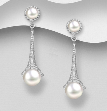 Sterling Silver White Freshwater Pearl and CZ Stud Drop Earrings