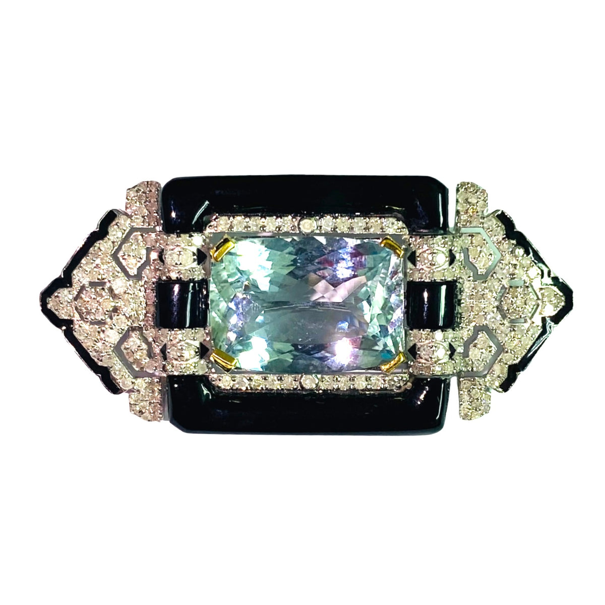 Aquamarine, Black Onyx and Diamond Brooch