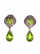 Sterling Silver Amethyst and Peridot Cluster Drop Earrings