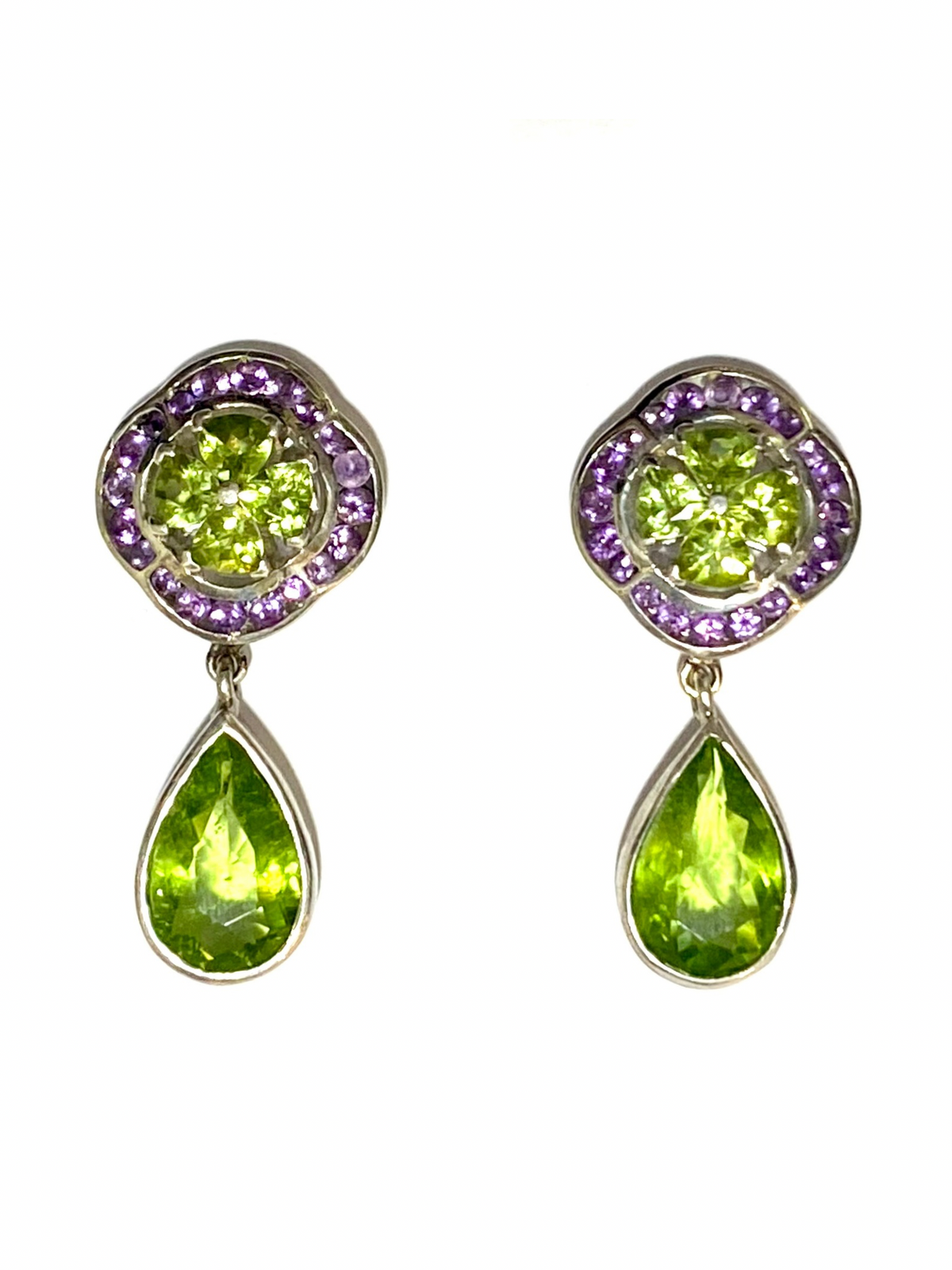 Sterling Silver Amethyst and Peridot Cluster Drop Earrings