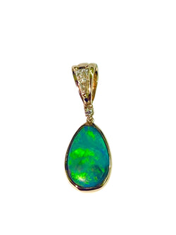 9ct Yellow Gold Solid Black Opal and Diamond Pendant