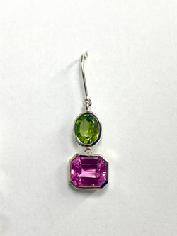 Synthetic Pink Sapphire & Peridot Drop Set Earrings in Sterling Silver