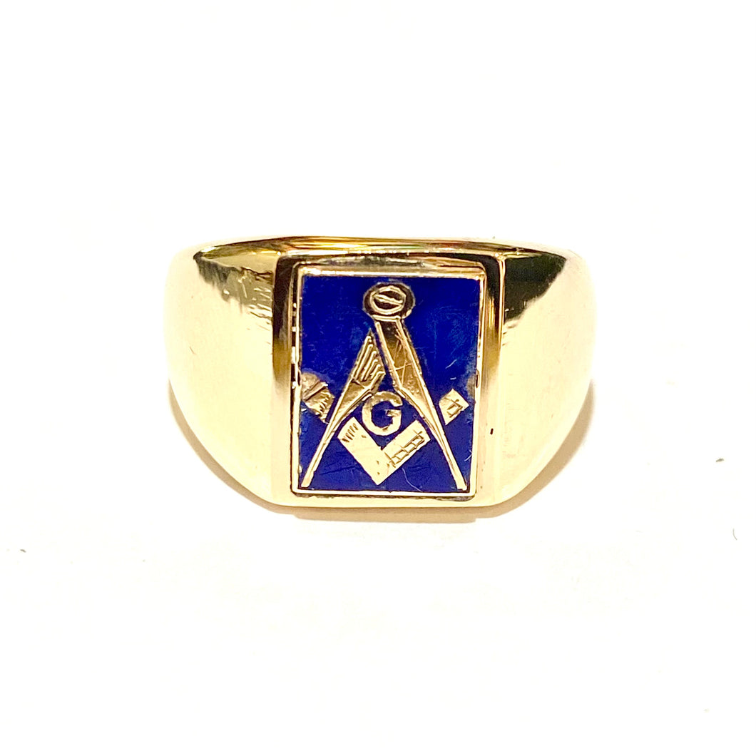 9ct Yellow Gold Blue Enamel Freemasonry Signet Ring