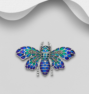 Sterling Silver Enamel, Marcasite and Ruby Bee Brooch