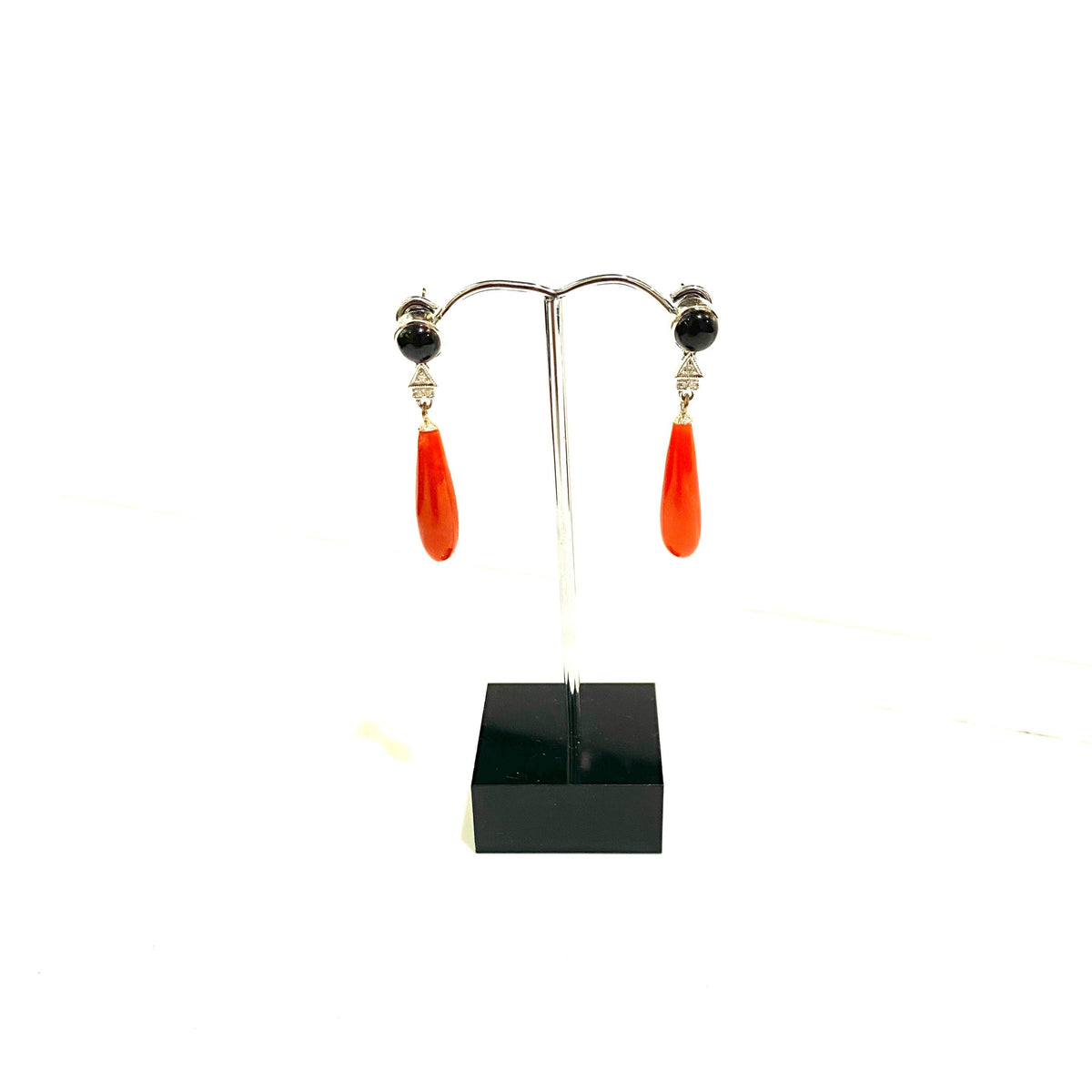 9ct White Gold Momo Coral, Black Onyx and Diamond Earrings