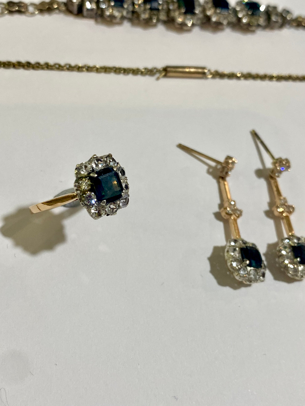 Antique 9ct White Gold Blue Sapphire Evening Set – Necklace, Earrings, Ring & Bracelet