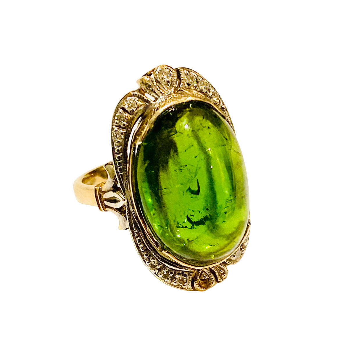 Chrome Green Tourmaline & Diamond Ring in 9ct Yellow Gold