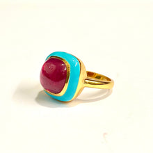 Sterling Silver Gold Plated Turquoise Enamel and Ruby Ring