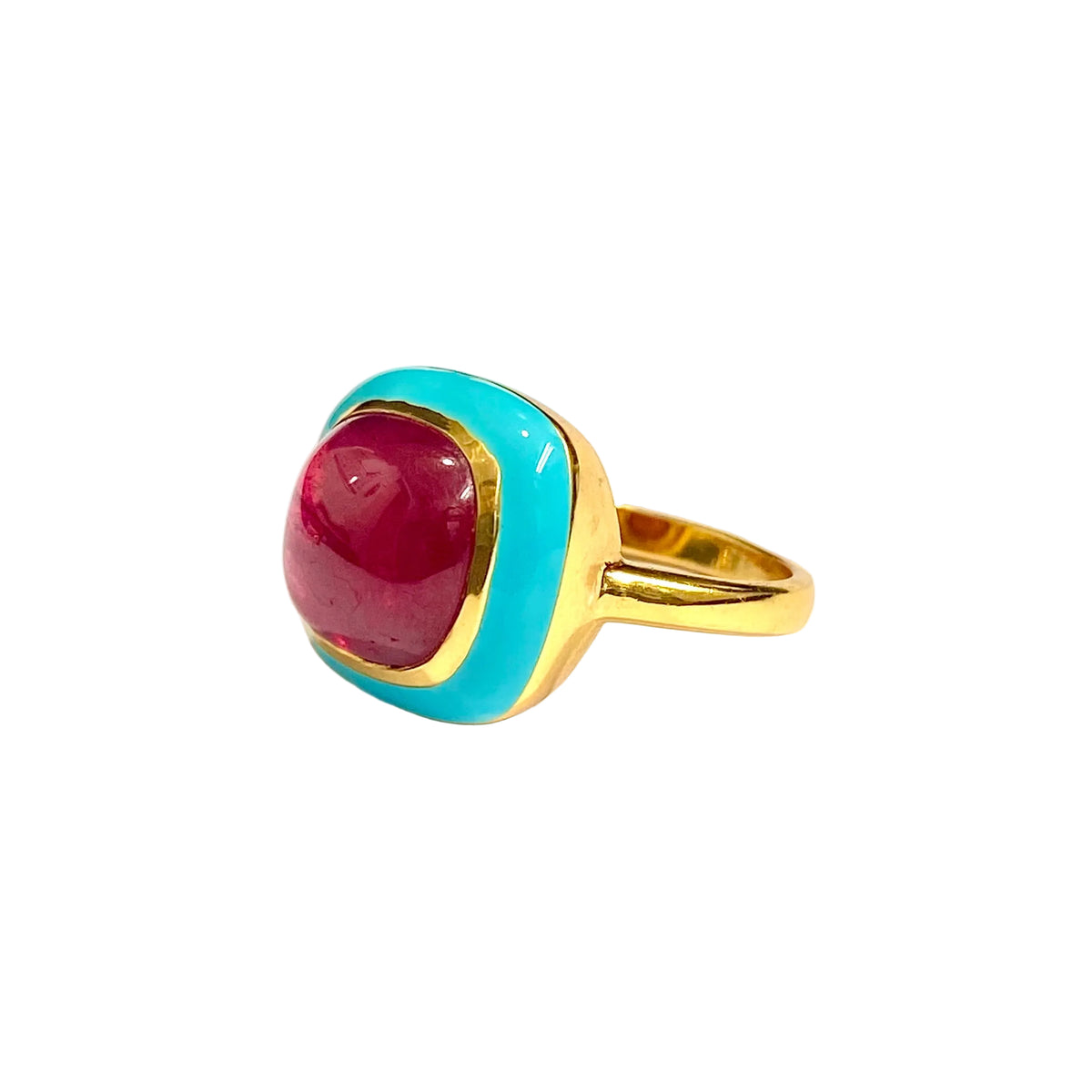 Sterling Silver Gold Plated Teal Enamel and Ruby Ring