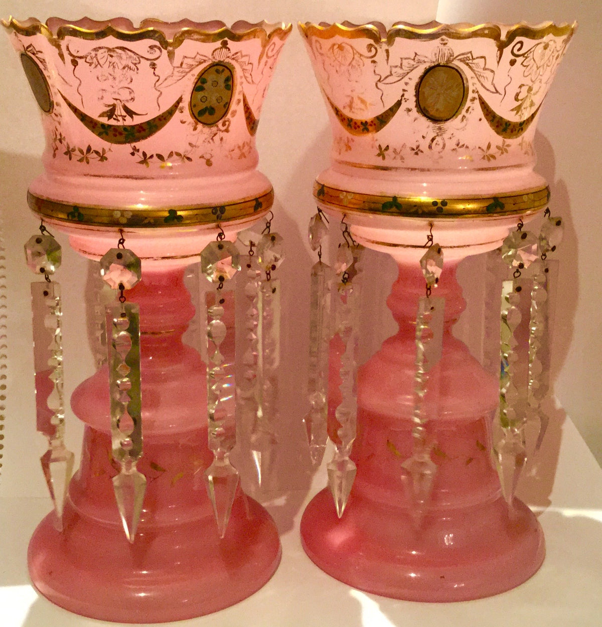 Pair Victorian Milk Glass Pink Lustreware – Elegant Antique Collectible
