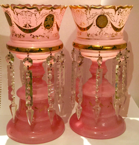Pair Victorian Milk Glass Pink Lustreware – Elegant Antique Collectible