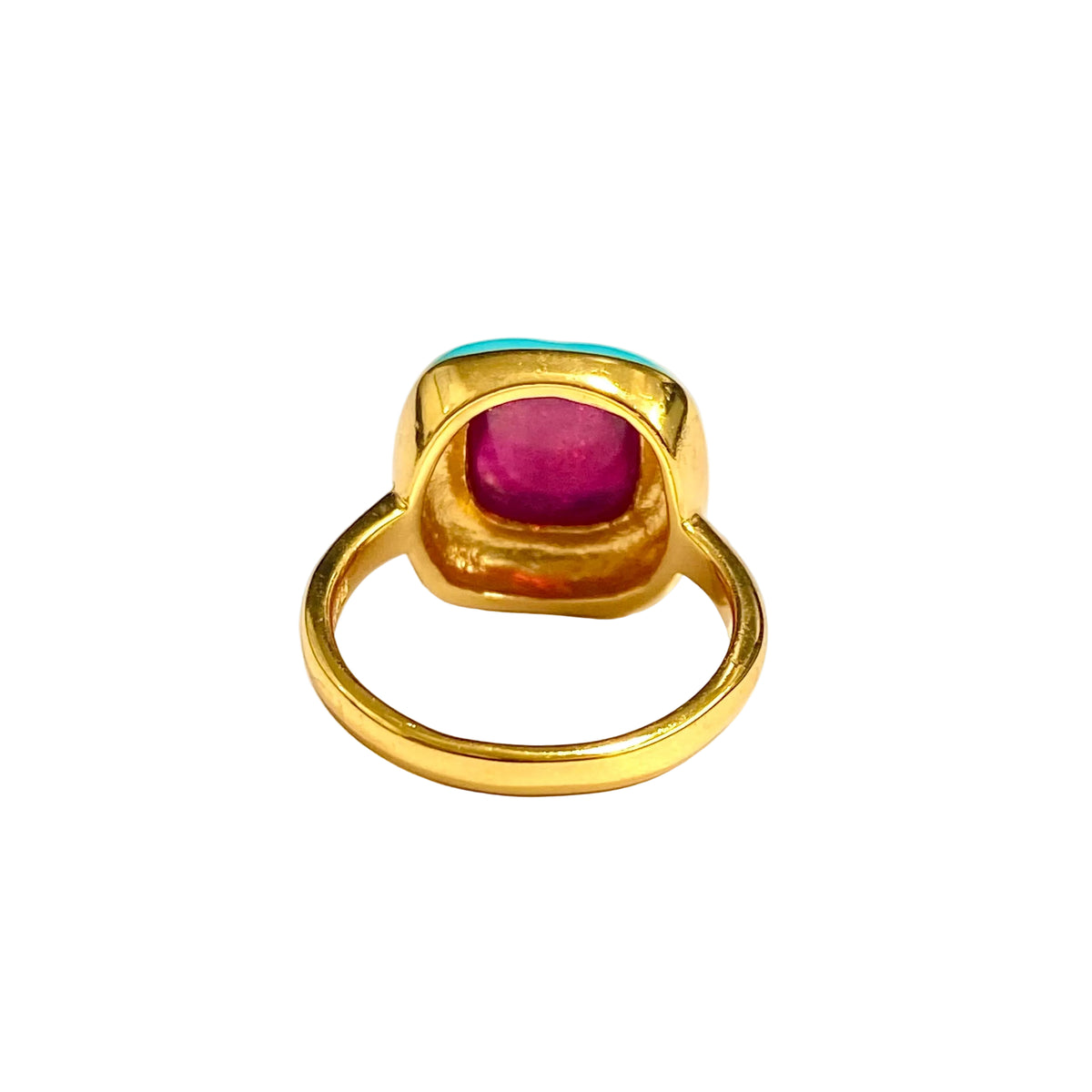 Sterling Silver Gold Plated Teal Enamel and Ruby Ring