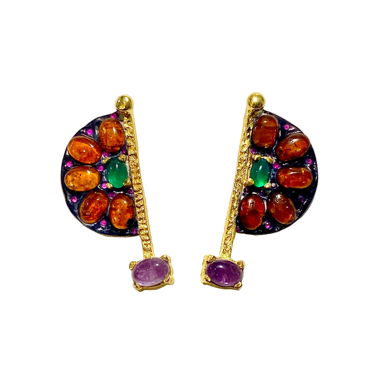 Sterling Silver Gold Plated Green Onyx, Orange Tourmaline and Amethyst Earrings