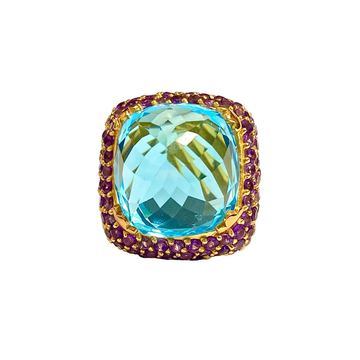 Sterling Silver Gold Plated Blue Topaz and Amethyst Ring