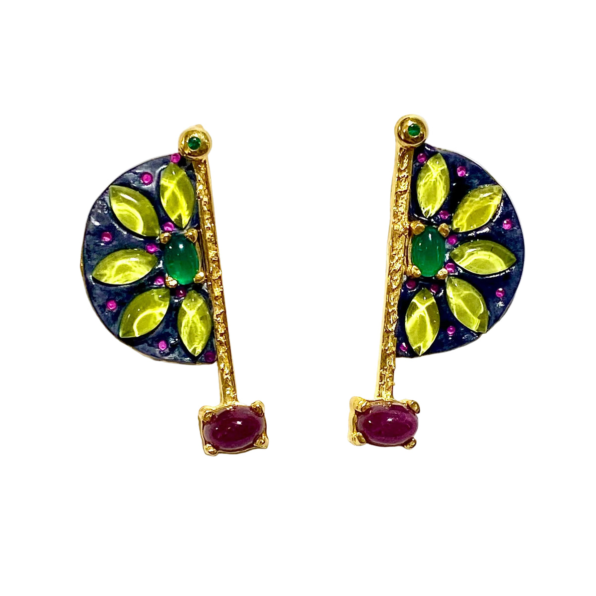 Sterling Silver Gold Plated Enamel, Green Tourmaline and Ruby Earrings