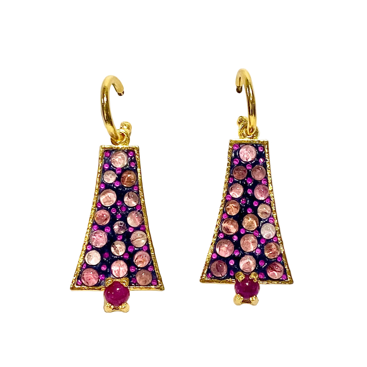 Sterling Silver Gold Plated Enamel, Pink Tourmaline and Ruby Earrings