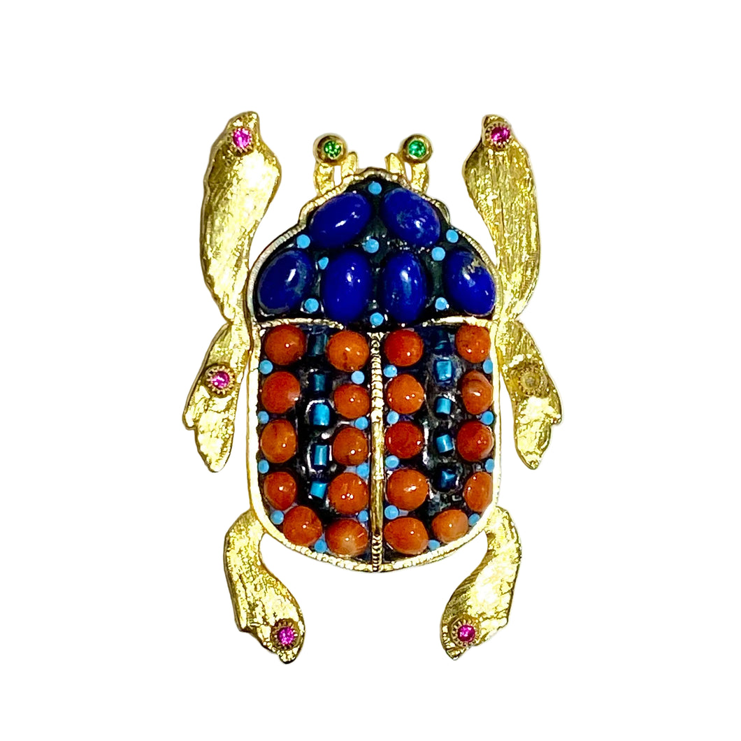 Silver Gold Plated Coral, Lapis, Turquoise, Tourmaline and Ruby Scarab ...