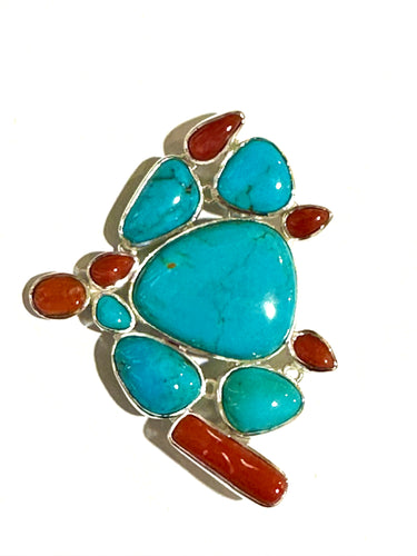 Turquoise Coral Sterling Silver Brooch