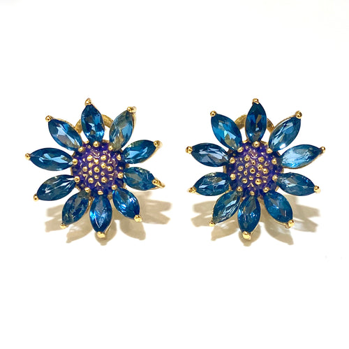 Sterling Silver Gold Plated London Blue Topaz and Enamel Stud Earrings