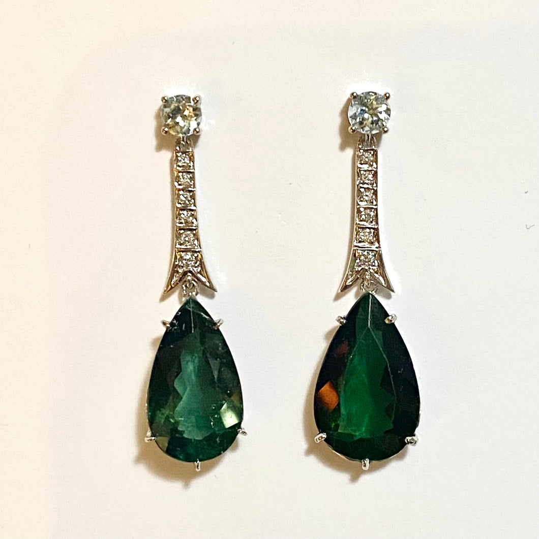 9ct White Gold Green Tourmaline and Diamond Teardrop Earrings
