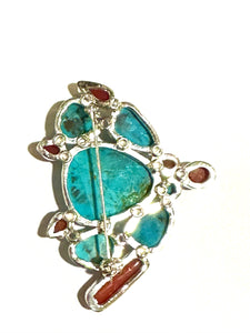 Turquoise Coral Sterling Silver Brooch