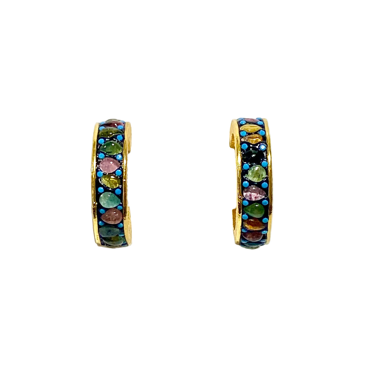Sterling Silver Gold Plated Tourmaline and Black Enamel Hoop Earrings