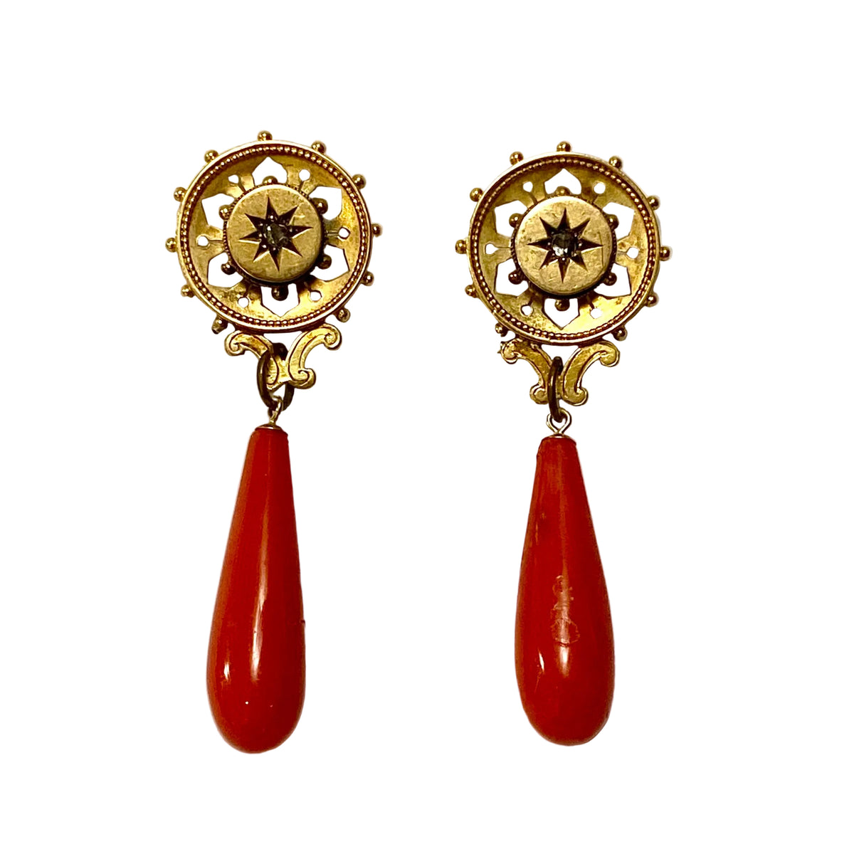 Yellow Gold Diamond and Coral Drop Earrings