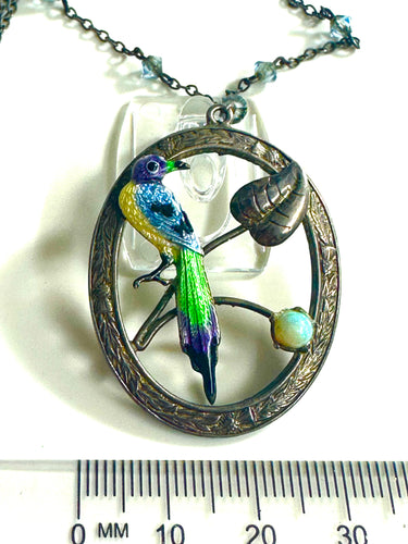 🕊️ Opal & Enamel Sterling Silver Bird Pendant and Chain