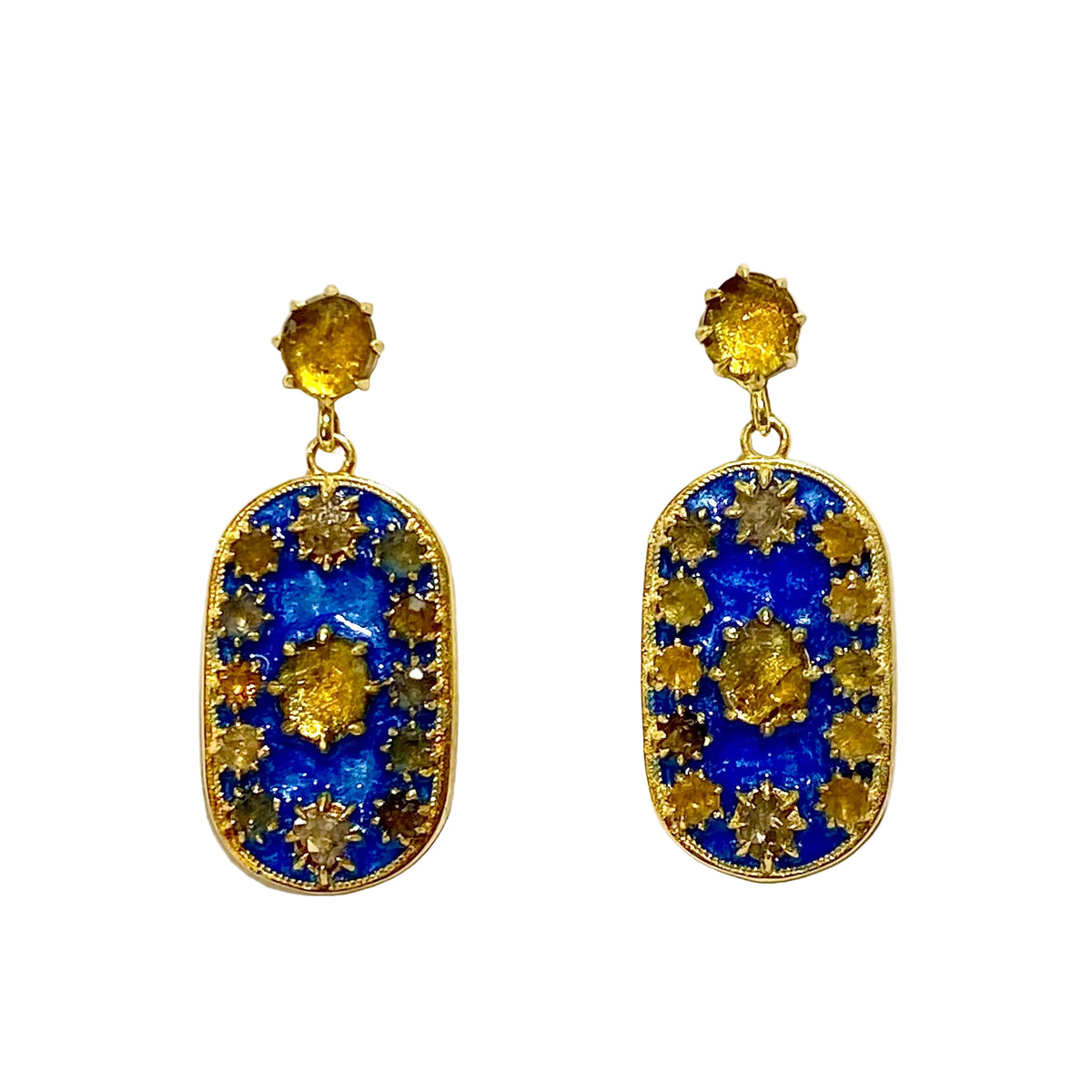 Sterling Silver Blue Enamel, Yellow Tourmaline and Diamond Earrings