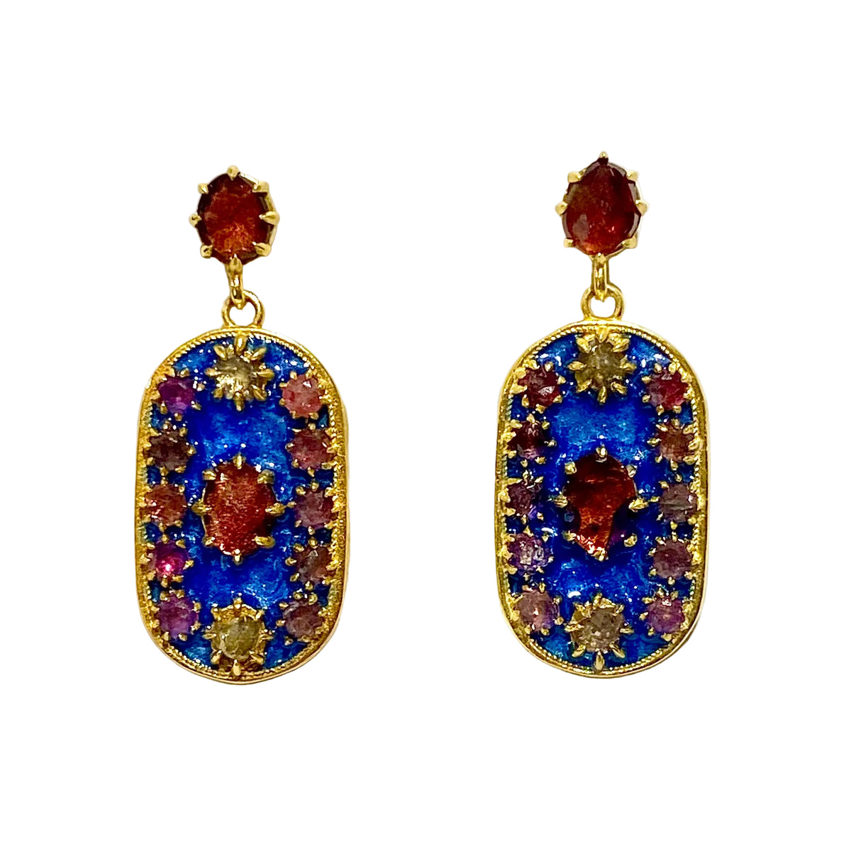Sterling Silver Gold Plated Blue Enamel, Tourmaline and Diamond Earrings