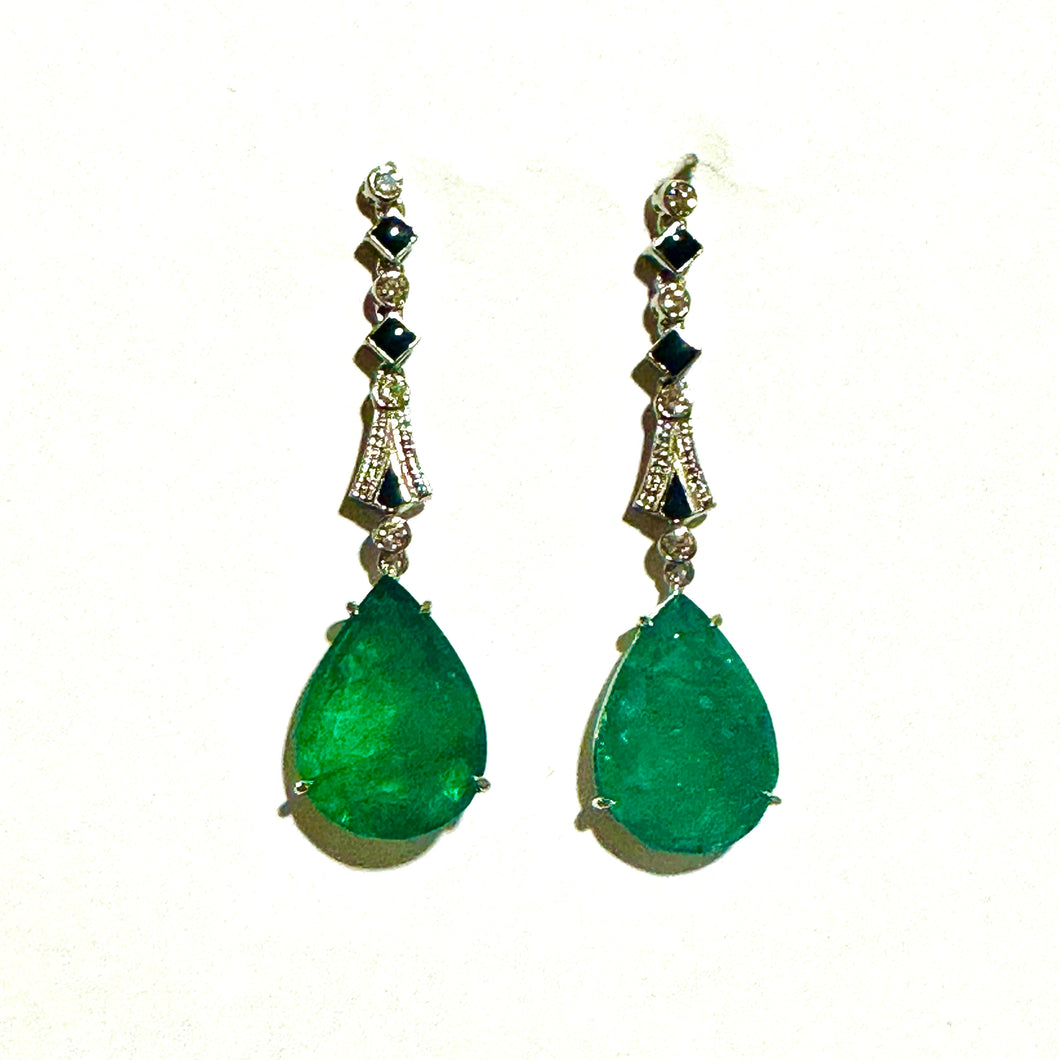 9ct White Gold Diamond, Emerald and Black Enamel Drop Earrings