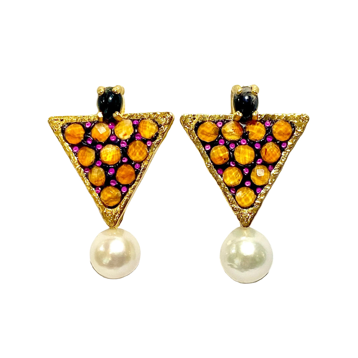 Sterling Silver Gold Plated Enamel, Citrine, Sapphire and Pearl Earrings