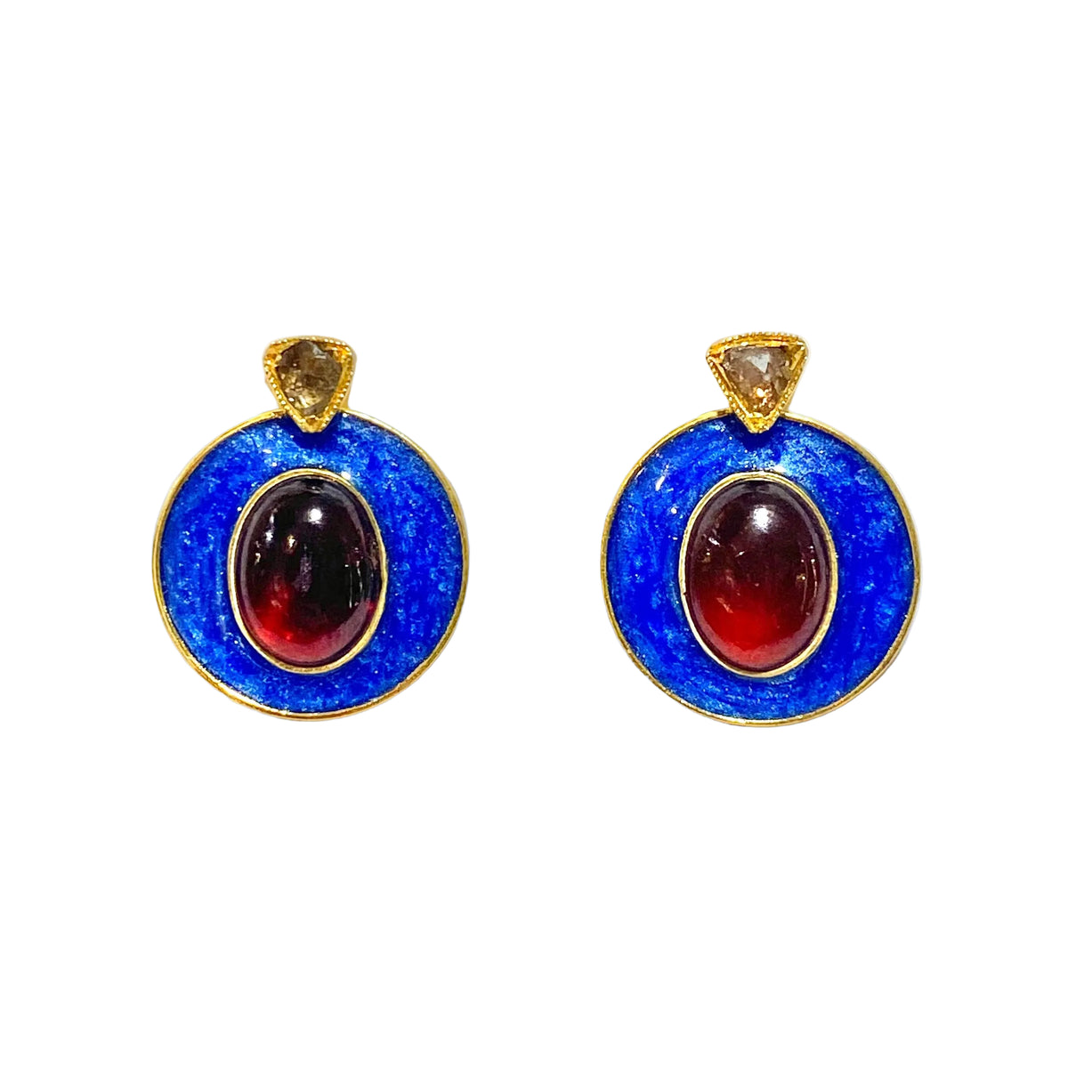Sterling Silver Blue Enamel, Garnet and Diamond Stud Earrings