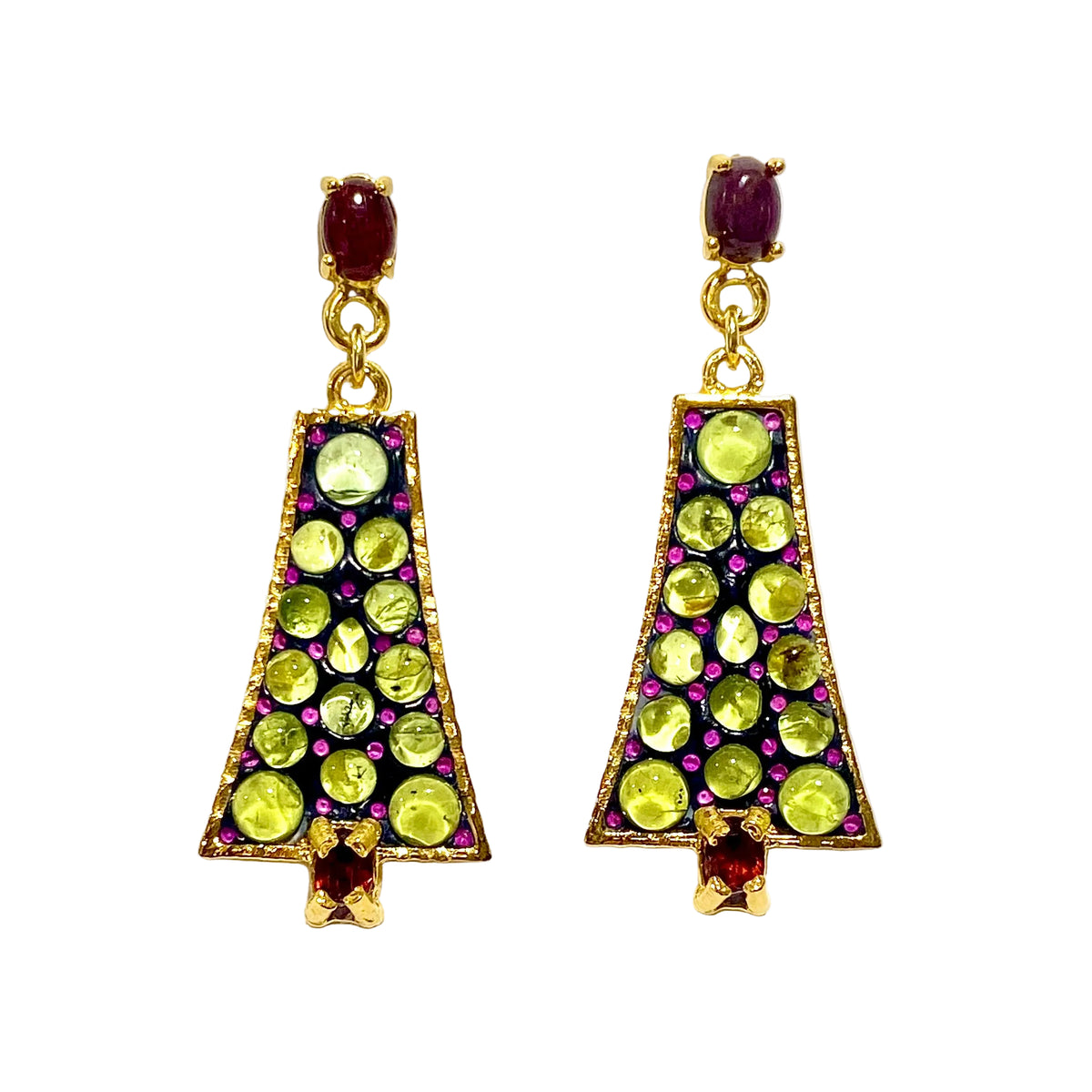 Sterling Silver Gold Plated Garnet, Green Tourmaline and Ruby Earrings
