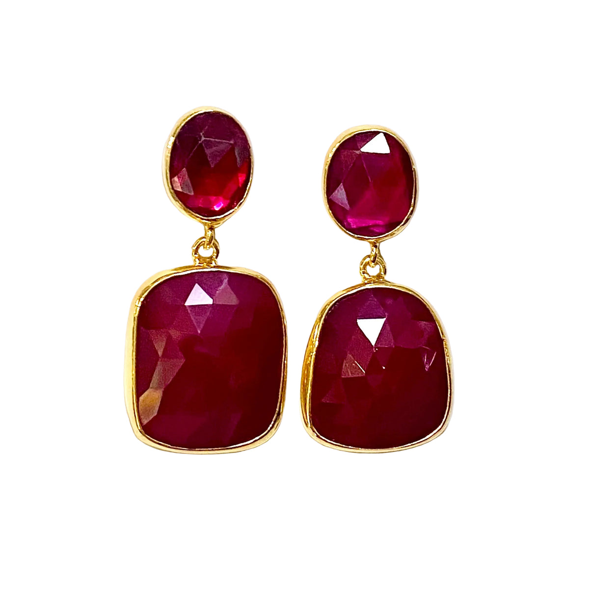 Sterling Silver Gold Plate Checkerboard Cut Ruby Drop Earrings