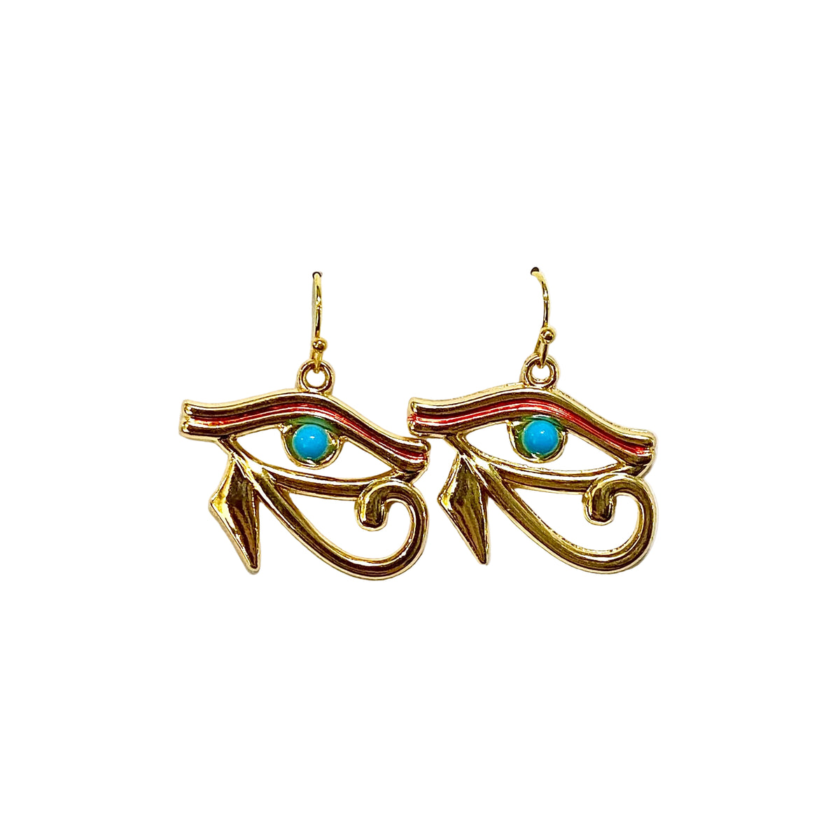 Sterling Silver Gold Plated Enamel and Turquoise Eye of Ra Hook Drop Earrings