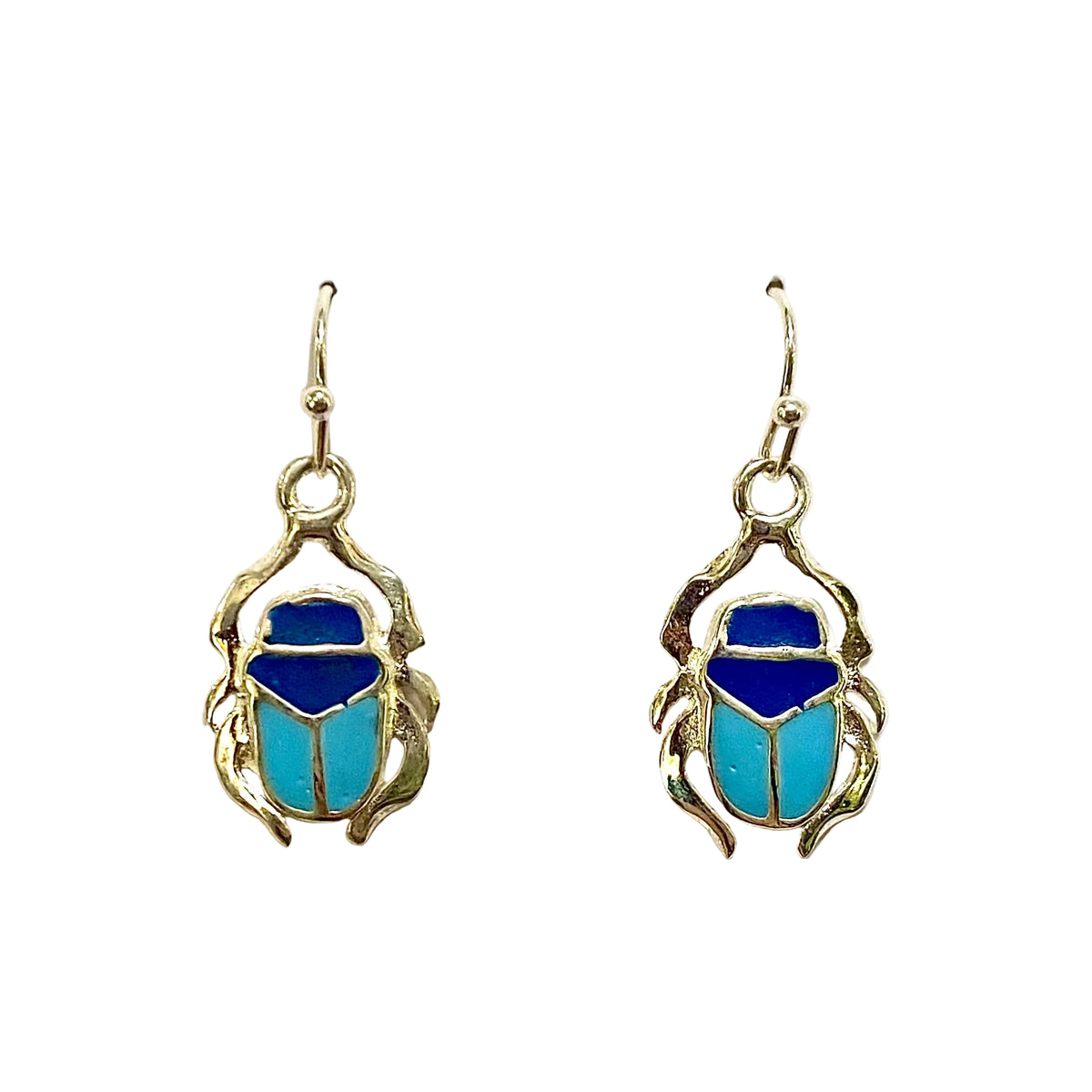 Sterling Silver Blue Enamel Scarab Drop Earrings