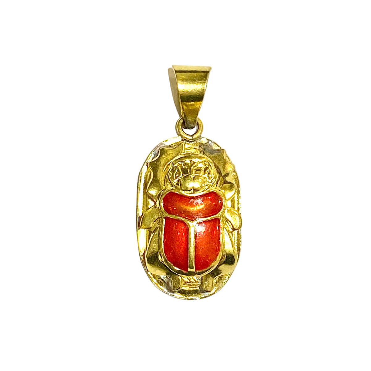 Large Brass and Red Enamel Scarab Pendant