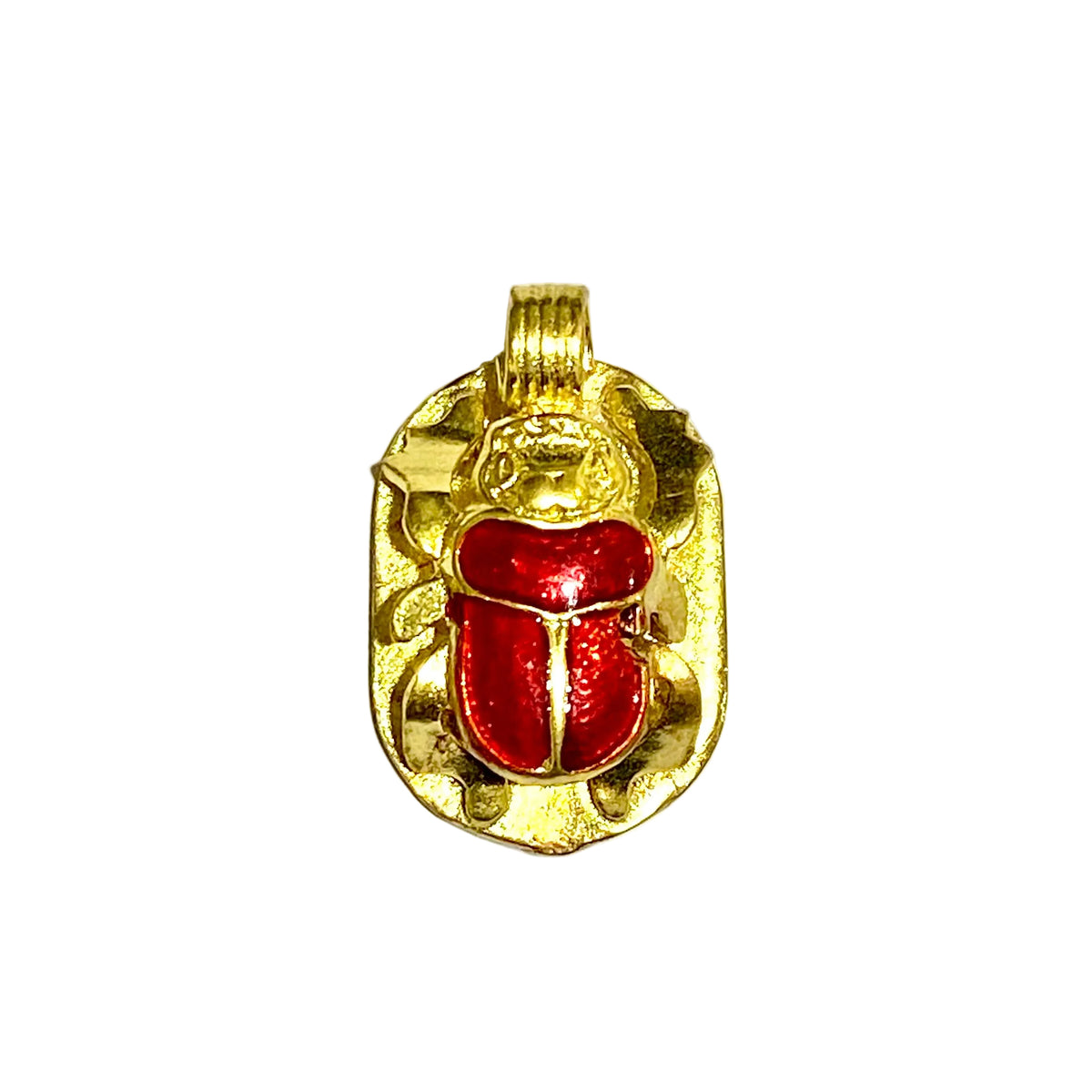 Brass Red Enamel Scarab and Hieroglyph Pendant