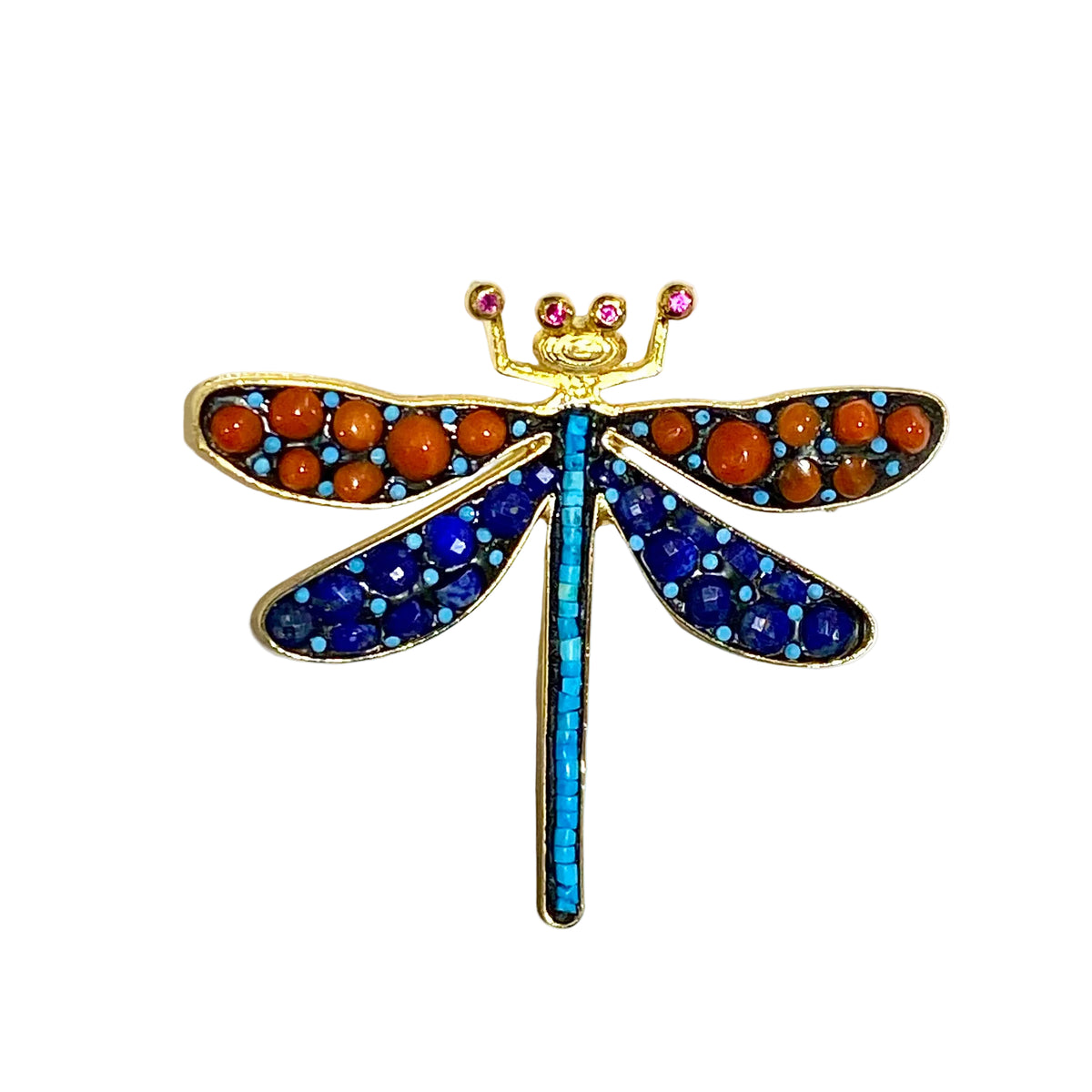 Sterling Silver Gold Plated Coral, Lapis Lazuli, Turquoise and Ruby Dragonfly Pendant