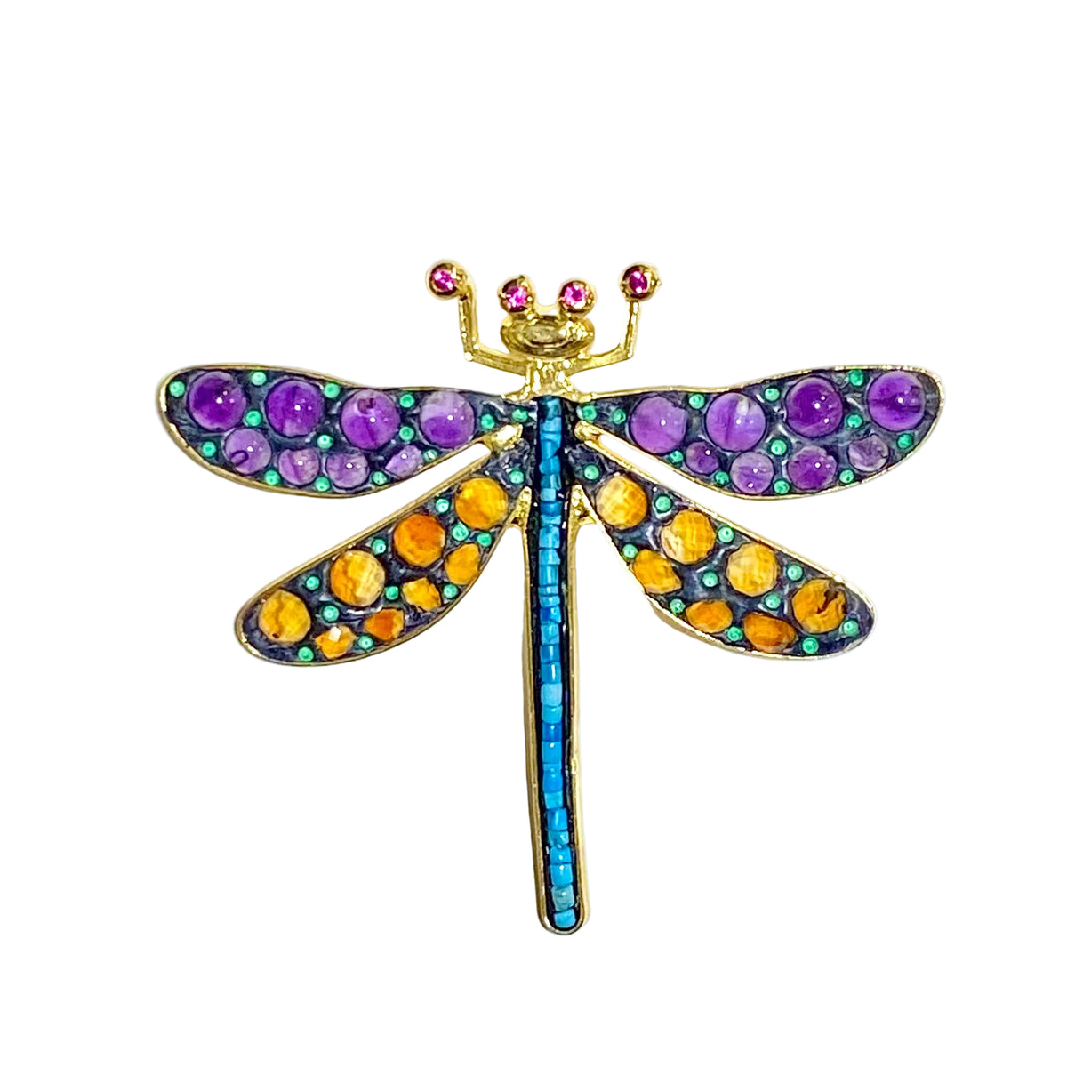 Sterling Silver Gold Plated Amethyst, Citrine, Turquoise and Ruby Dragonfly Pendant